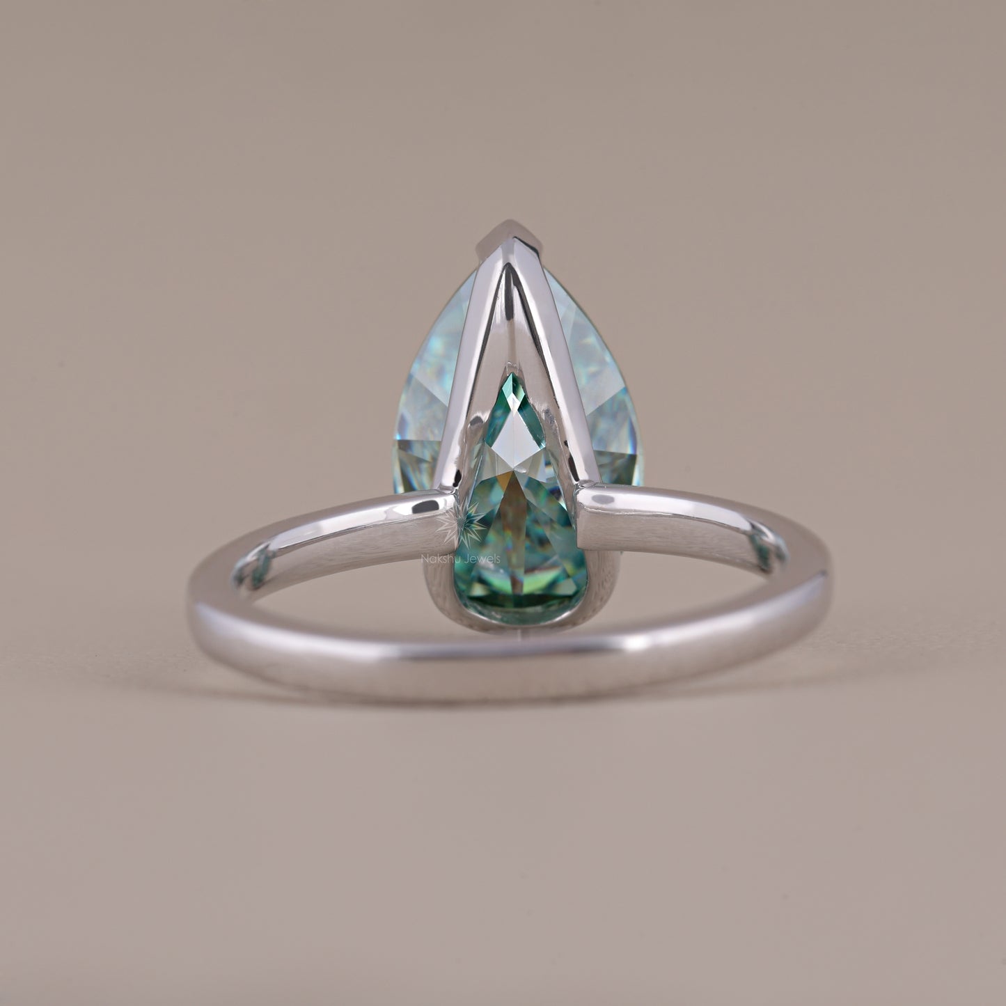 Cyan Blue Pear Cut Moissanite Solitaire Ring with Semi-Bezel Setting