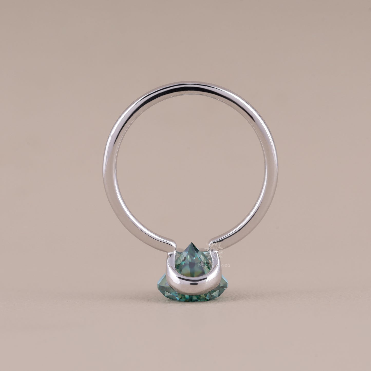 Cyan Blue Pear Cut Moissanite Solitaire Ring with Semi-Bezel Setting