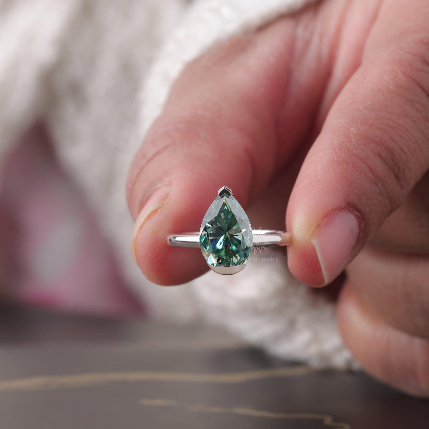 Cyan Blue Pear Cut Moissanite Solitaire Ring with Semi-Bezel Setting