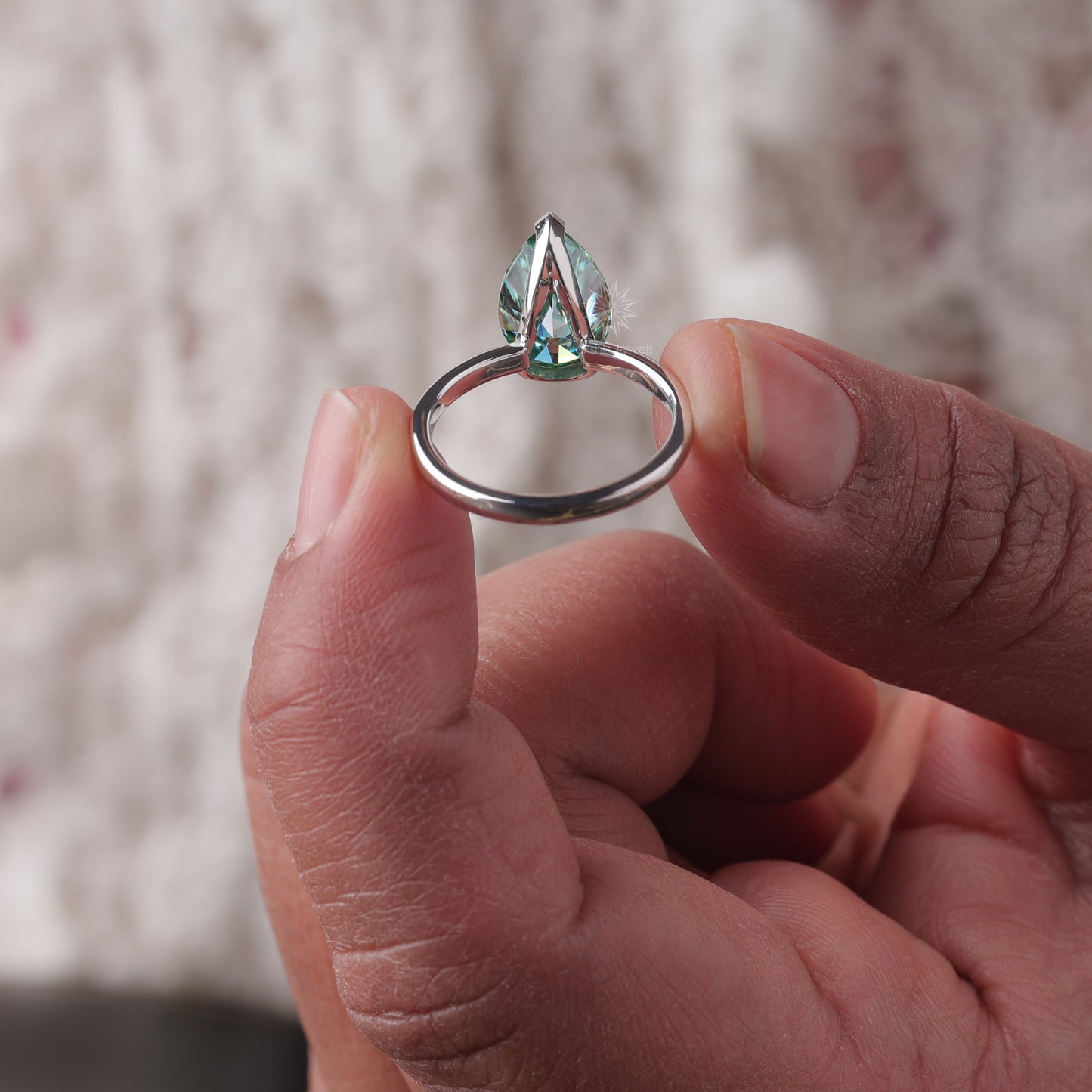 Cyan Blue Pear Cut Moissanite Solitaire Ring with Semi-Bezel Setting
