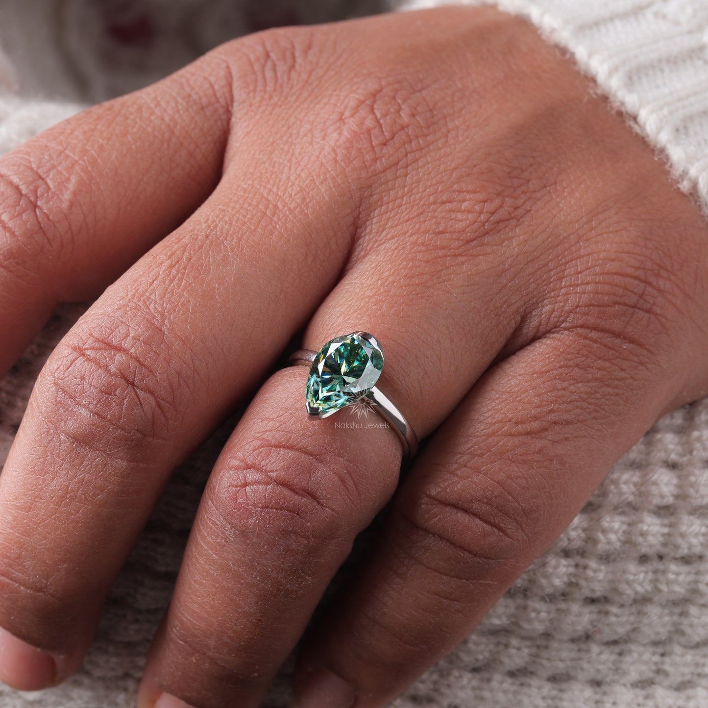 Cyan Blue Pear Cut Moissanite Solitaire Ring with Semi-Bezel Setting