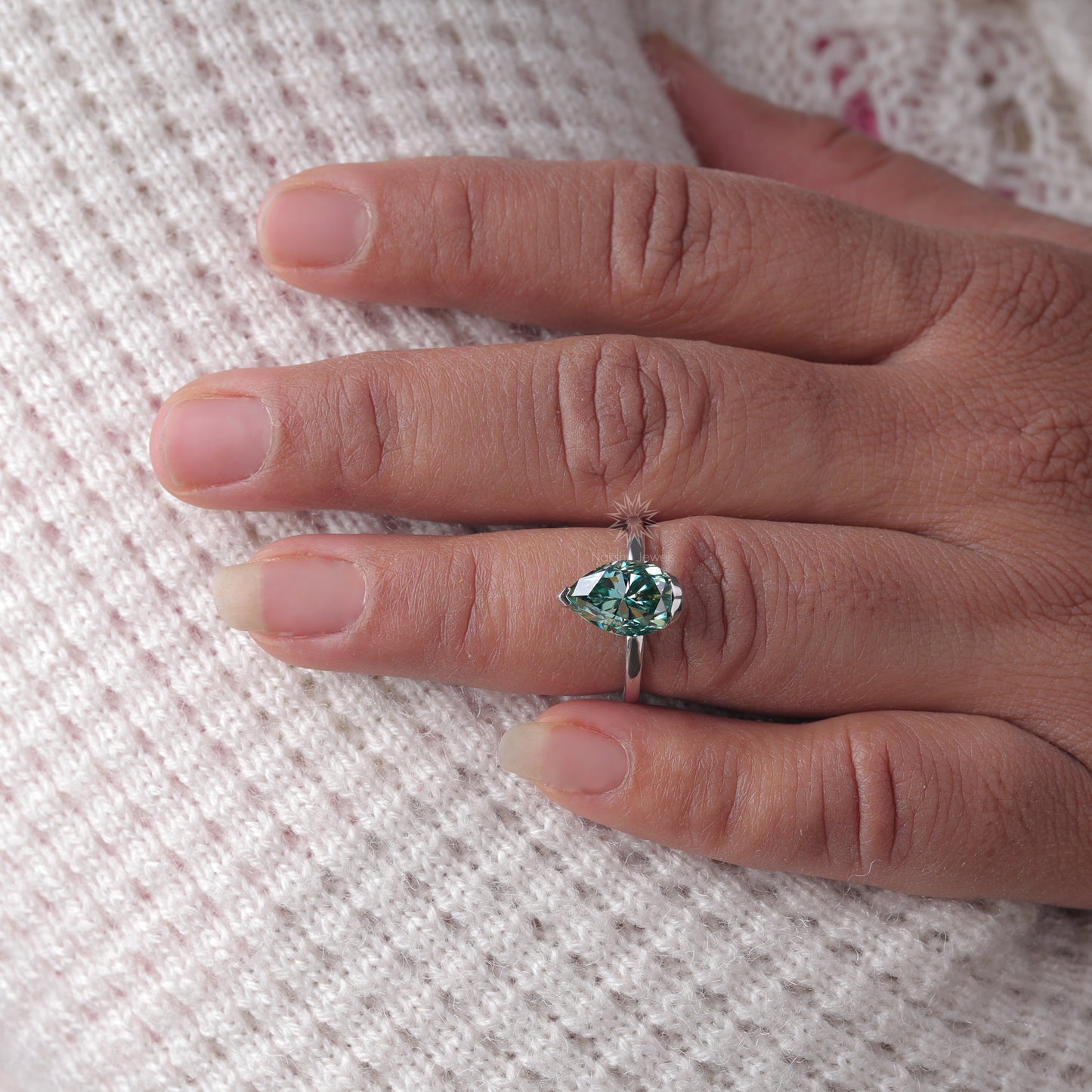 Cyan Blue Pear Cut Moissanite Solitaire Ring with Semi-Bezel Setting