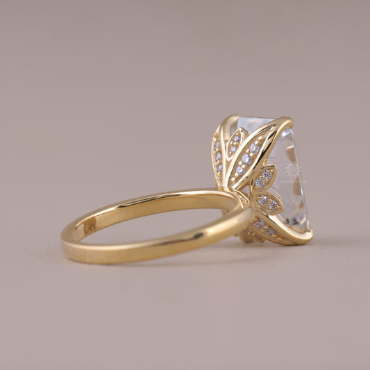 Emerald Cut Moissanite Solitaire Ring with Pave Lotus Petal Gallery
