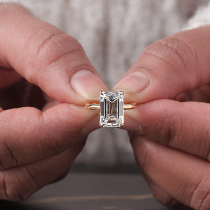 14K Solid Gold Art Deco Emerald Cut Moissanite Wedding Engagement Ring