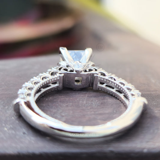 Vintage Princess Cut Moissanite Pave Engagement Ring, Art Deco Ring