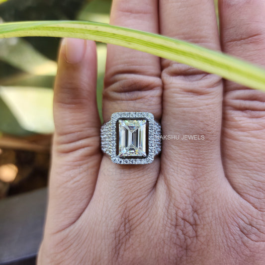 Emerald Cut Moissanite Halo Ring with Pavé Shoulders