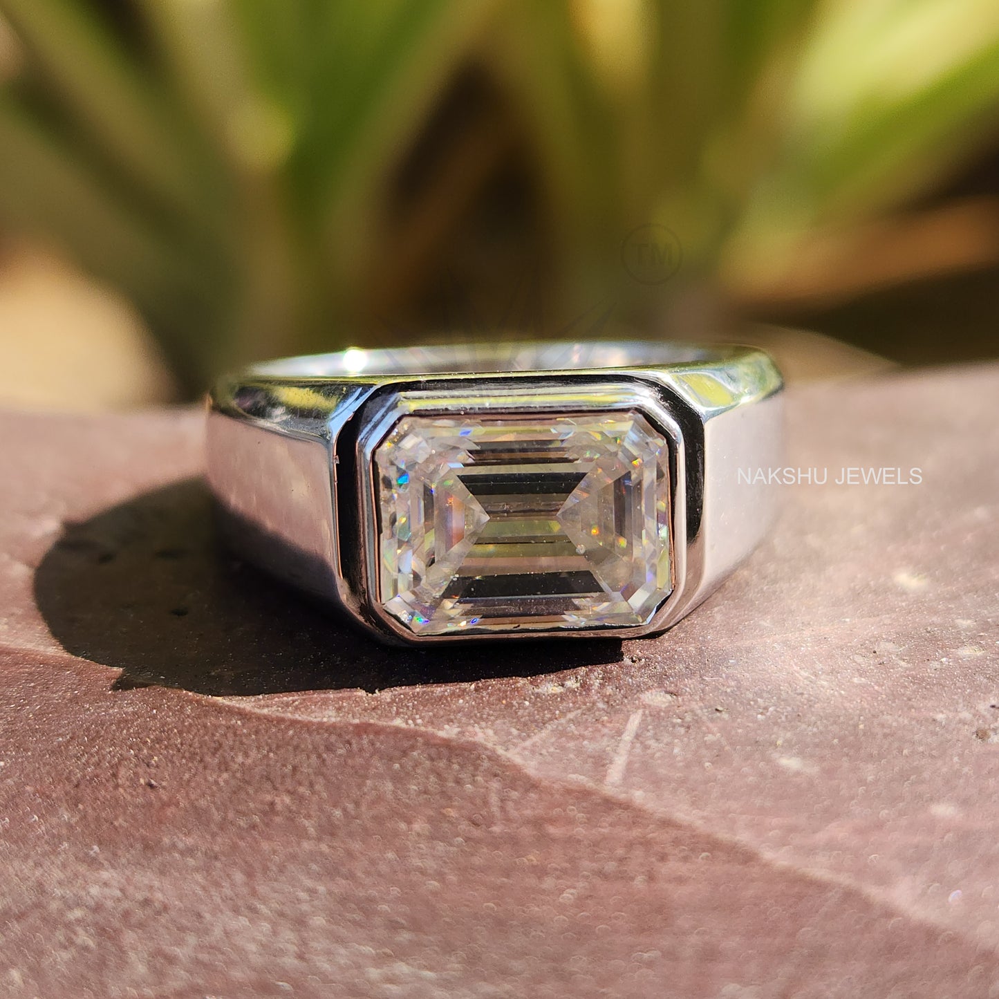 Statement Ring, Emerald Cut Moissanite Bezel Set Solitaire Ring, Men's Engagement Ring
