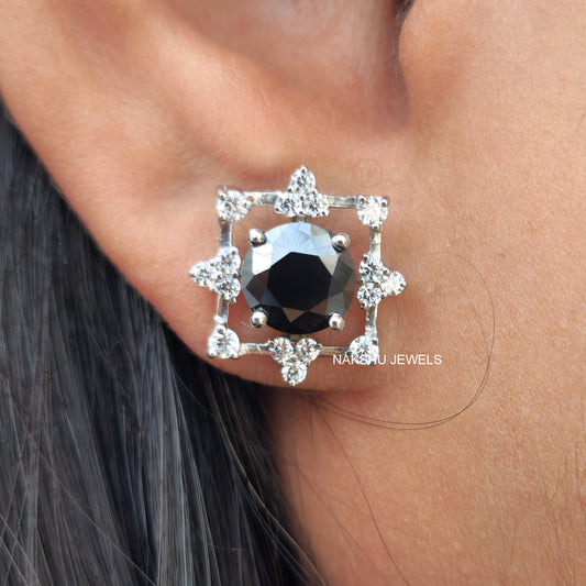Art Deco Black Round Moissanite Stud Earrings Gift for Wife, Mother, Daughter