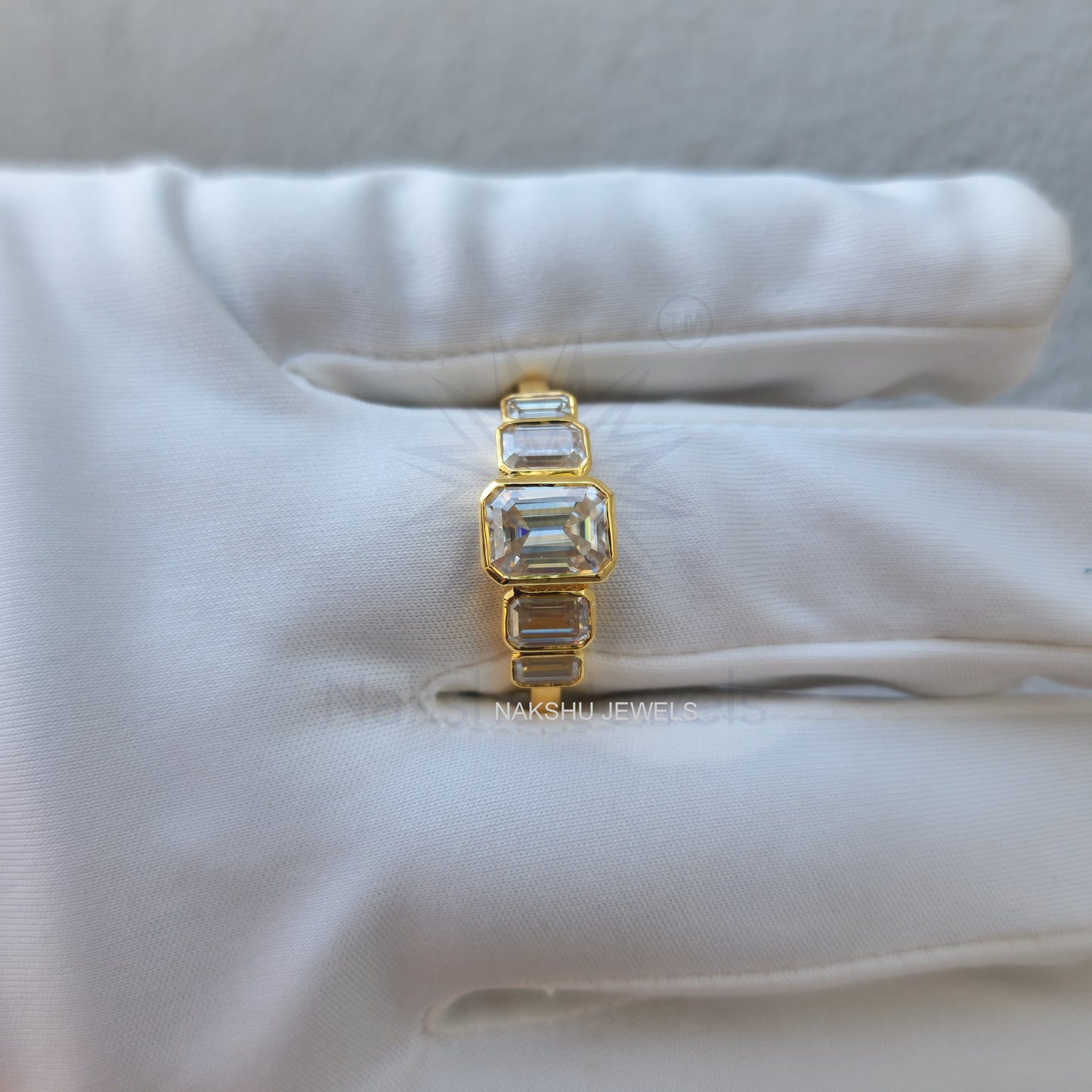 Emerald Cut Engagement Ring, 2CT Moissanite Bezel Set Ring, 5 Stone Wedding Anniversary Ring