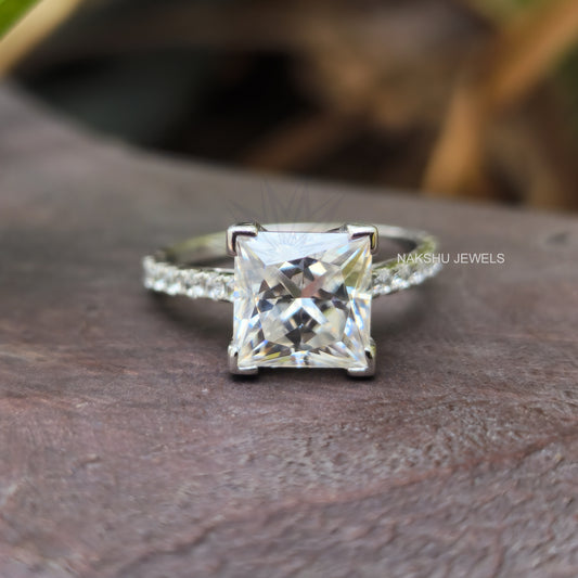 Princess Cut V Prong Moissanite Pave Engagement Wedding Ring