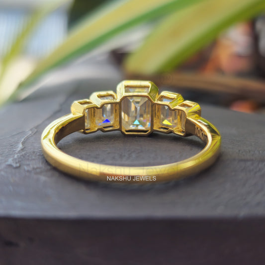 Emerald Cut Moissanite Bezel Set Engagement Ring - 5 Stone Moissanite Ring