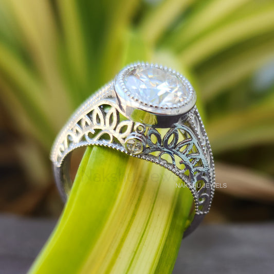 Vintage Style Round Moissanite Engagement Ring - Bezel Set Milgrain Art Deco