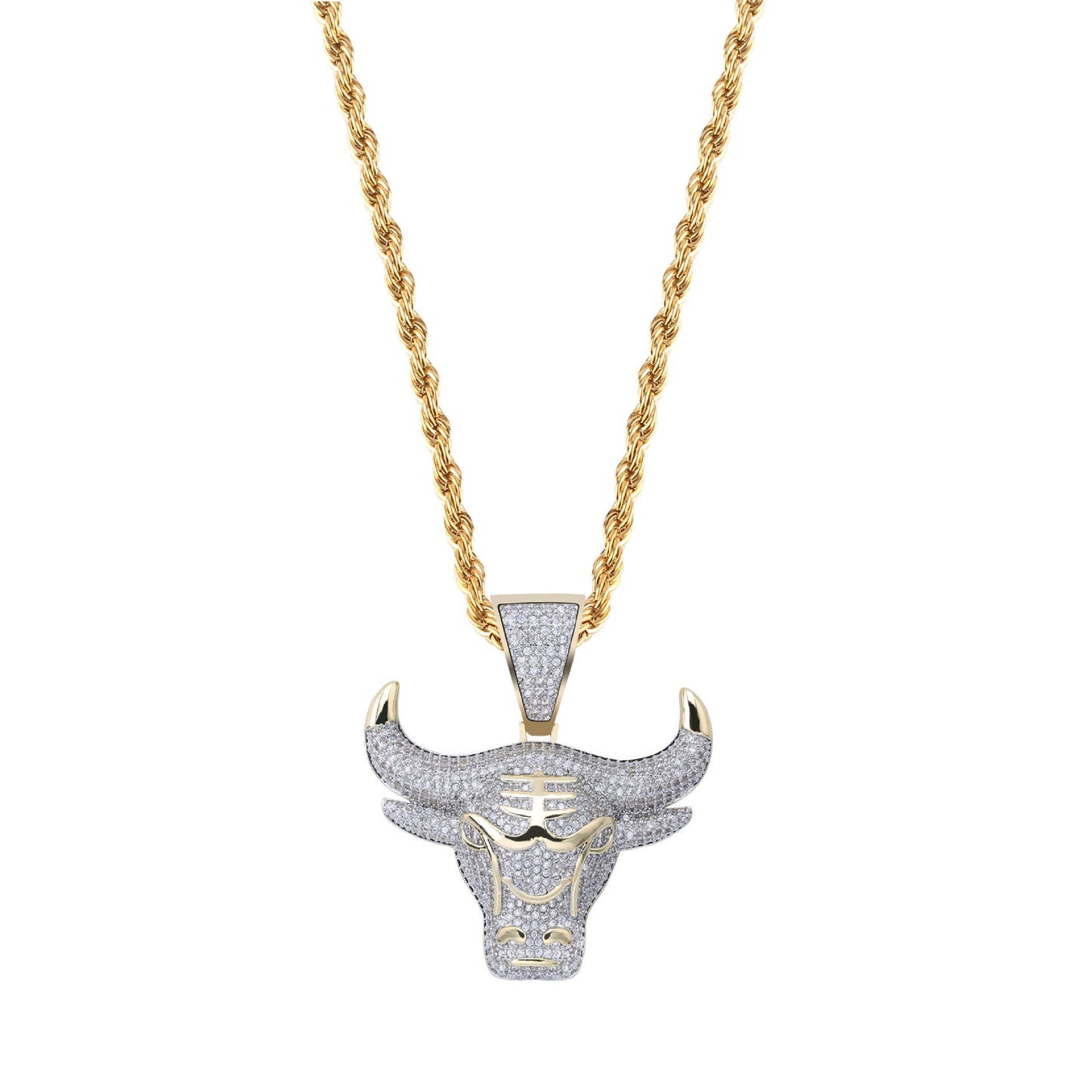Hip Hop Moissanite Paved Ox Bull Head Pendant Necklace In 925 Sterling Silver For Rapper Men