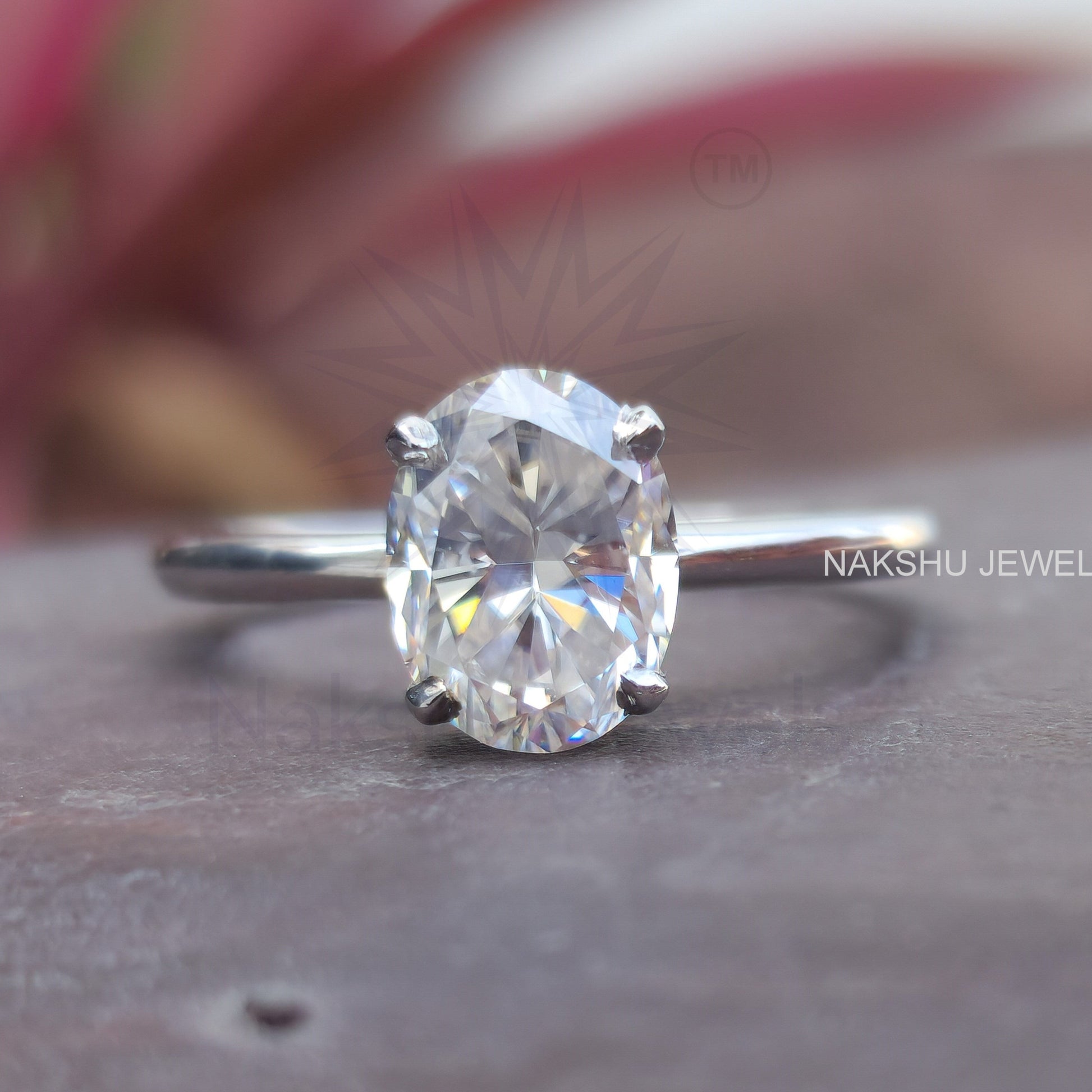 Crushed Ice Oval Cut Colorless Moissanite Hidden Halo Solitaire Engagement Ring