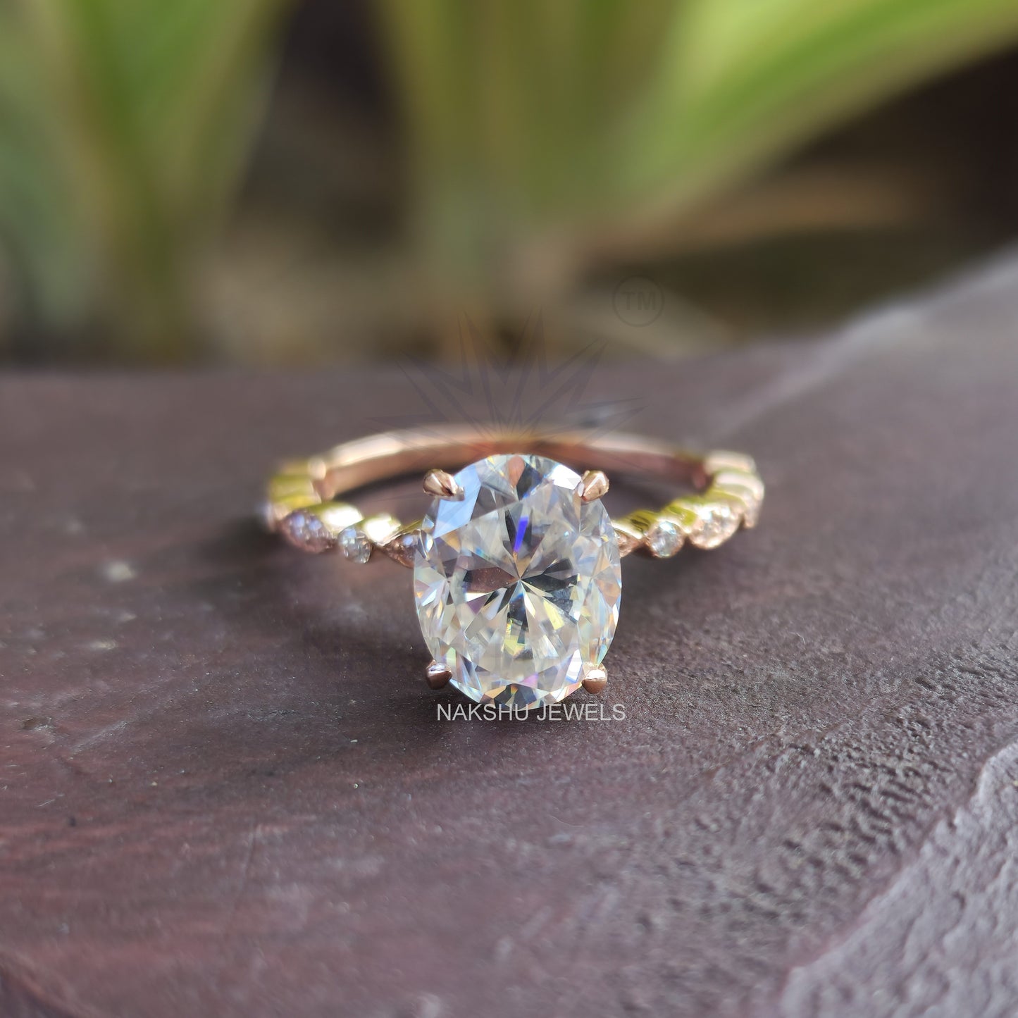 Pretty 2CT Oval and Tiny Round Antique Moissanite Engagement Ring