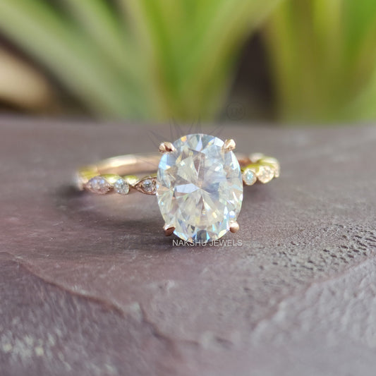 Oval and Tiny Round Moissanite Antique Engagement Ring