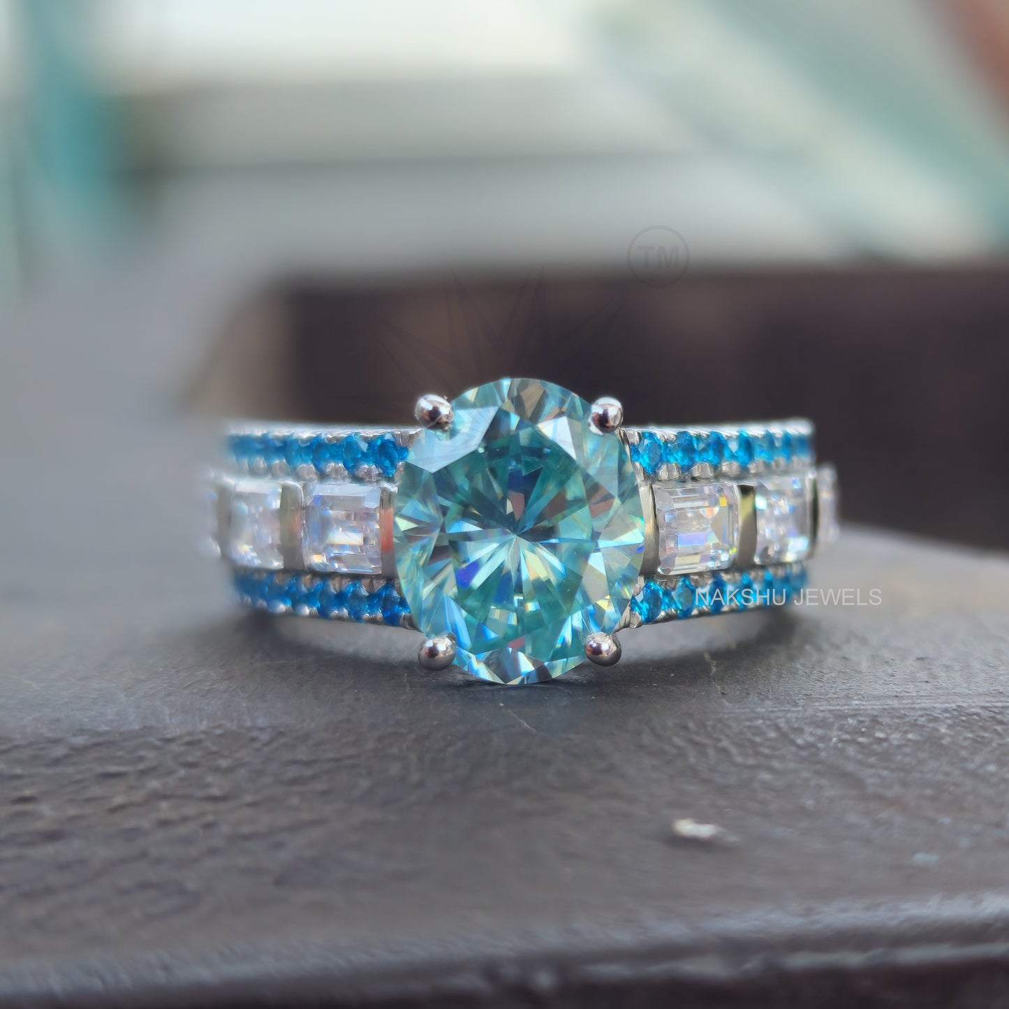 2.5CT Oval Cyan Blue Color Moissanite With Emerald and Round Wedding Ring