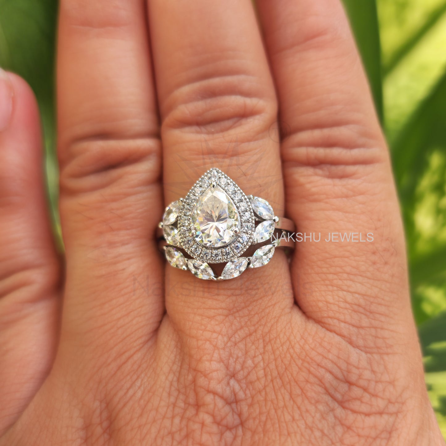 2CT Cluster Style Pear Cut With Marquise Halo Engagement Bridal Ring Sets, Wedding Gift Ring