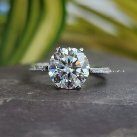 Round Cut Moissanite Hidden Halo Pave Engagement Ring