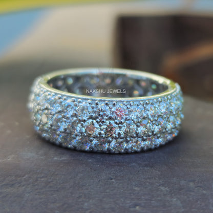 Round Cut Moissanite Full Eternity Wedding Band With Trio Micro Pave Set