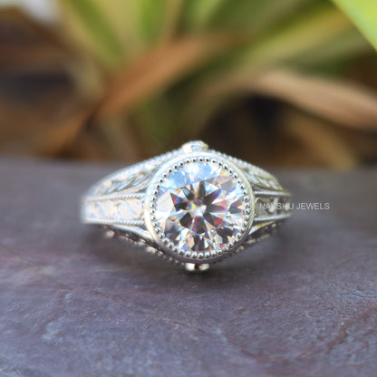 Attractive Bezel Set 2CT Round Cut Moissanite Engagement Ring, Anniversary Gift