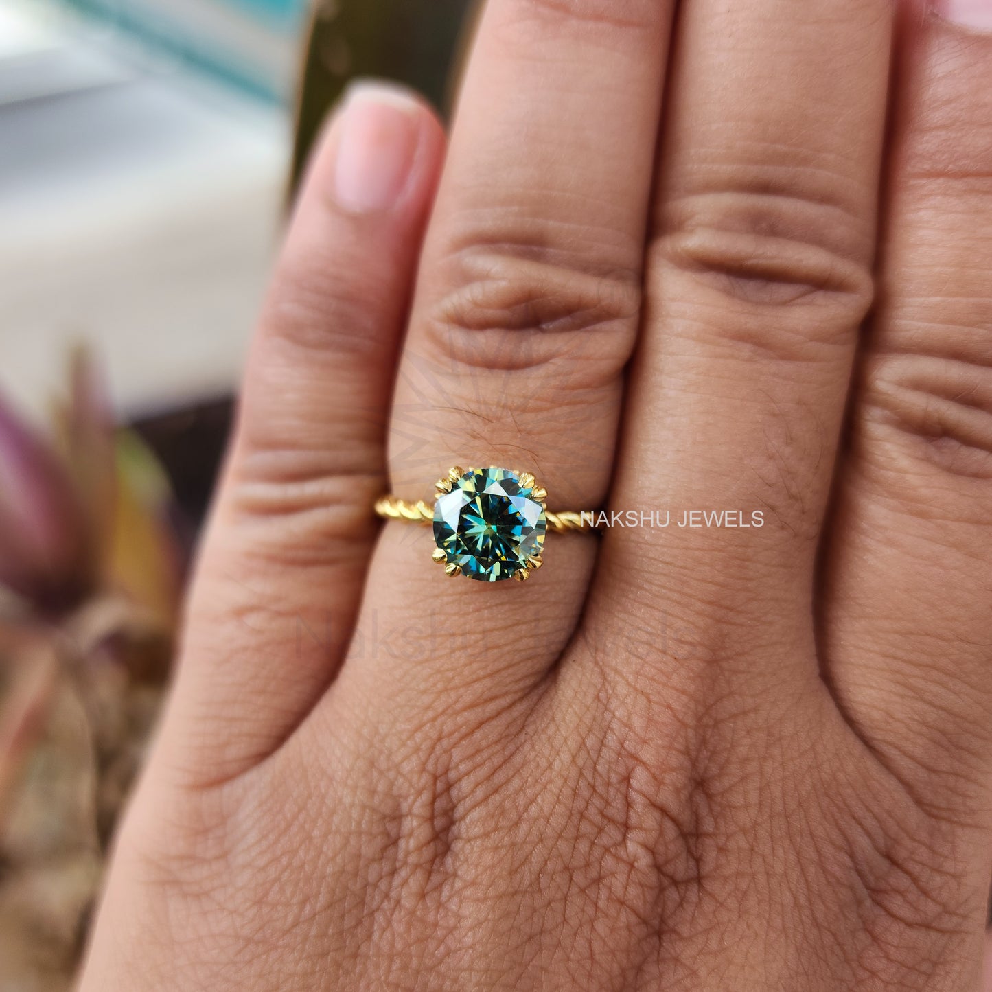 Cyan Blue Round Cut Moissanite Twisted Solitaire Engagement Ring
