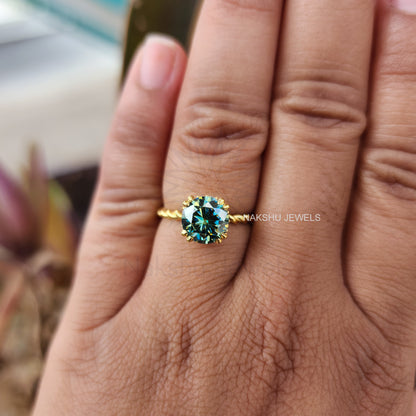 Cyan Blue Round Cut Moissanite Twisted Solitaire Engagement Ring