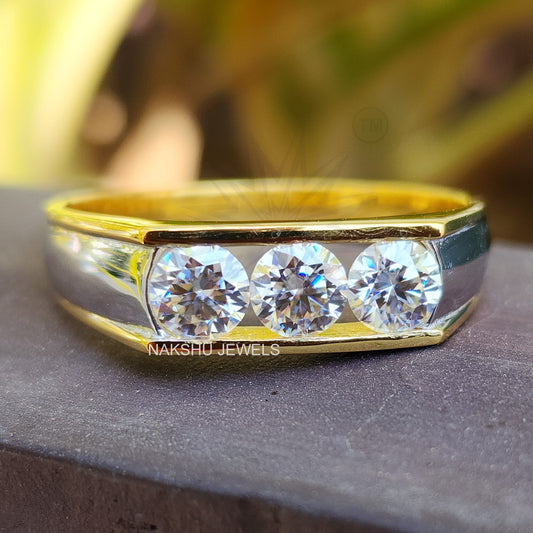 Round Cut Moissanite Men's Three Stone Engagement Ring