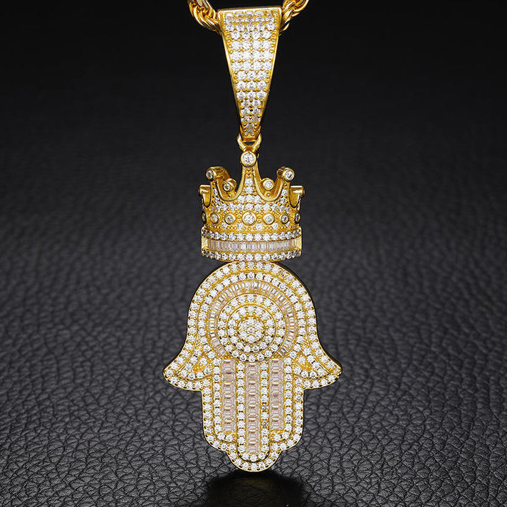 925 Sterling Silver Moissanite Crown Hamsa Hand Pendant Hip Hop Iced Out Jewelry for Men Women