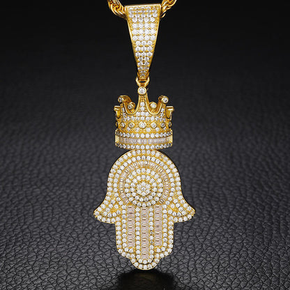 925 Sterling Silver Moissanite Crown Hamsa Hand Pendant Hip Hop Iced Out Jewelry for Men Women
