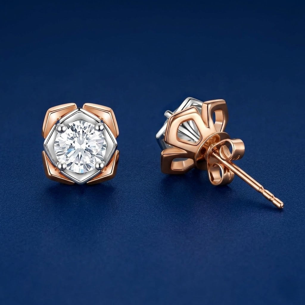 Round Moissanite Flower Stud Earrings In 14K Gold for Wife, Mother, Daughter