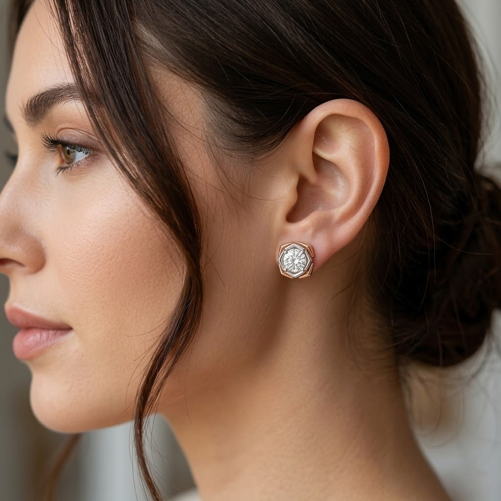 Round Moissanite Flower Stud Earrings In 14K Gold for Wife, Mother, Daughter