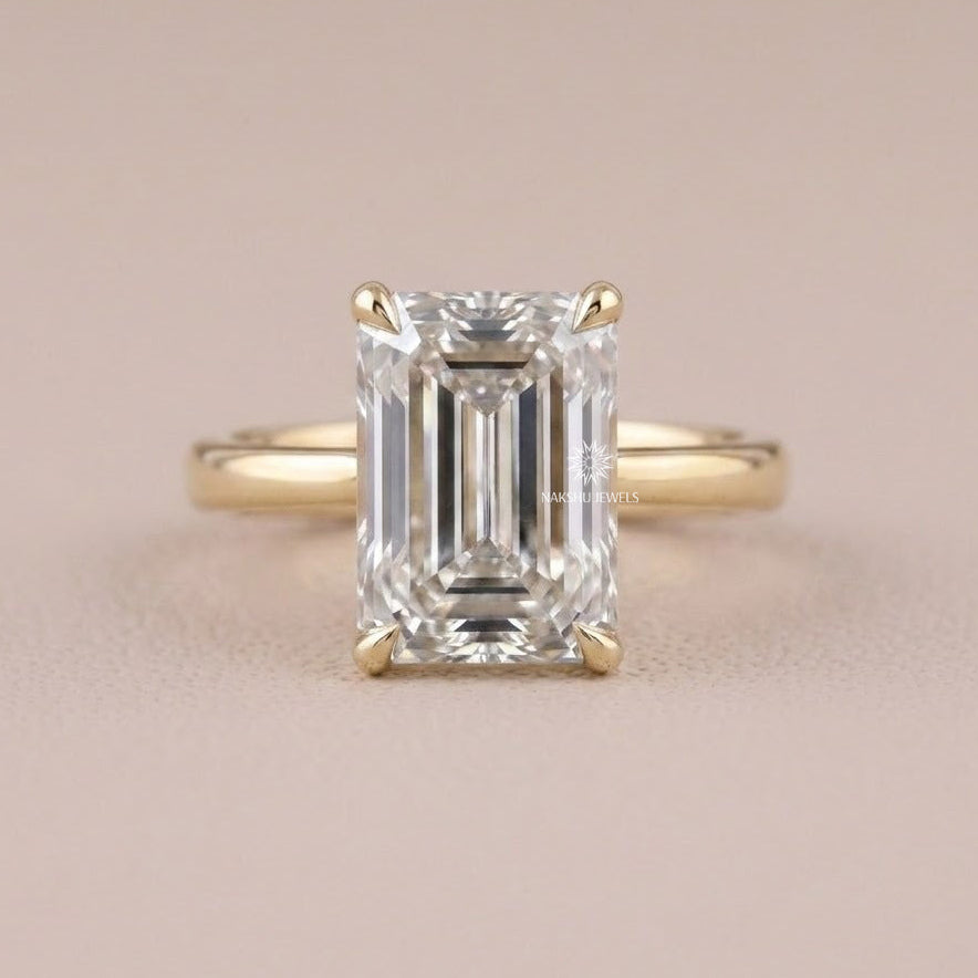Emerald Cut Moissanite Solitaire Ring with Pave Lotus Petal Gallery