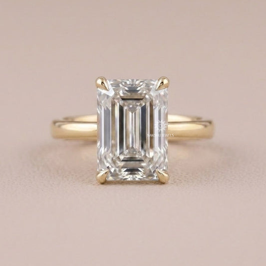 Emerald Cut Moissanite Solitaire Ring with Pave Lotus Petal Gallery
