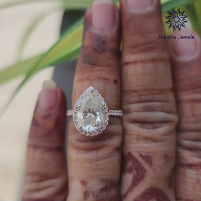 3 Carat Pear Shaped Moissanite Ring, Diamond Halo Engagement Bridal Sets