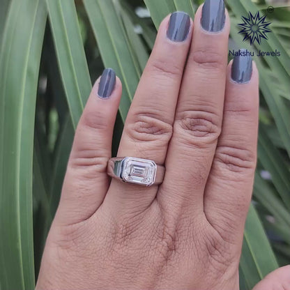 Statement Ring, Emerald Cut Moissanite Bezel Set Solitaire Ring, Men's Engagement Ring